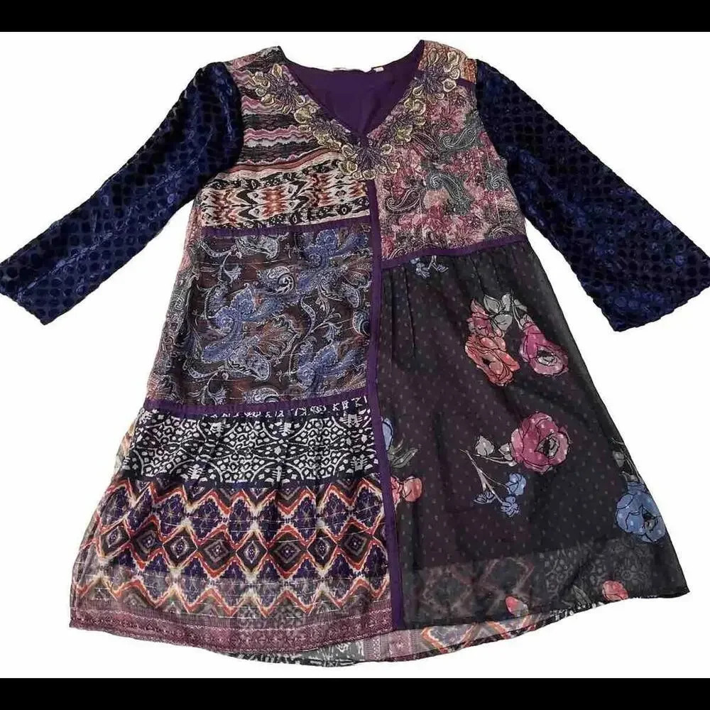 Soft Surroundings All Together Patchwork Dress Boho Hippie‎ Fall Y2K XS